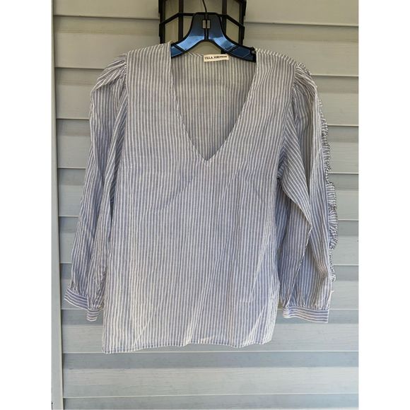 ULLA Johnson Blue White Gold Stripe Cotton Blouse Ruffle Long-Sleeve Shirt, Sz 4 - Picture 1 of 10